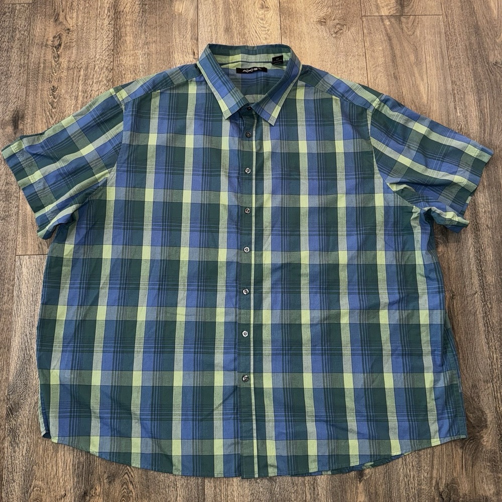 AXIST Mens Short Sleeves Button Down Shirt Cotton Blend Green Plaid Plus Sz 4XL